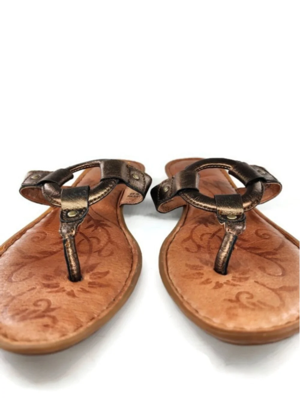 Born Bronze Metallic Leather Ring Accent Flat Slide-On Post-Toe Thong Sandals